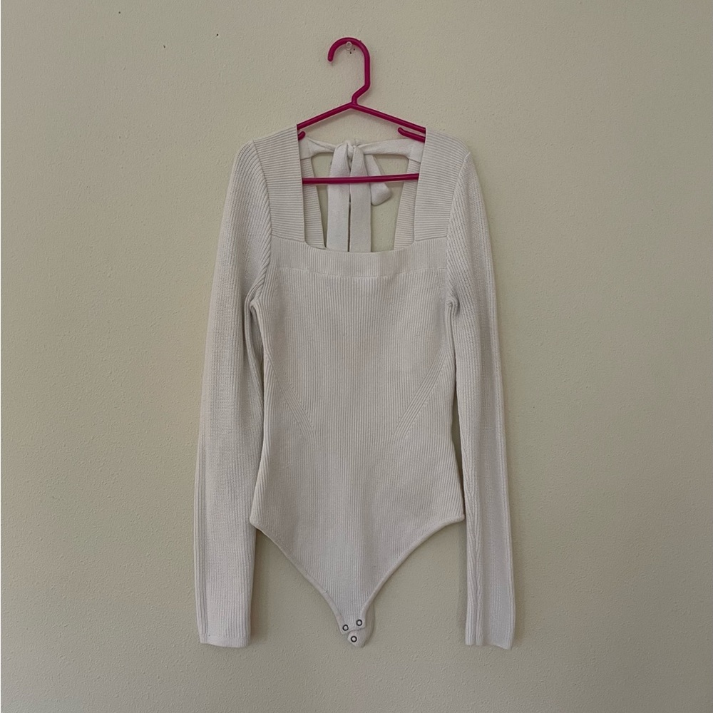 Abercrombie & Fitch White Ribbed Long-Sleeve Bodysuit